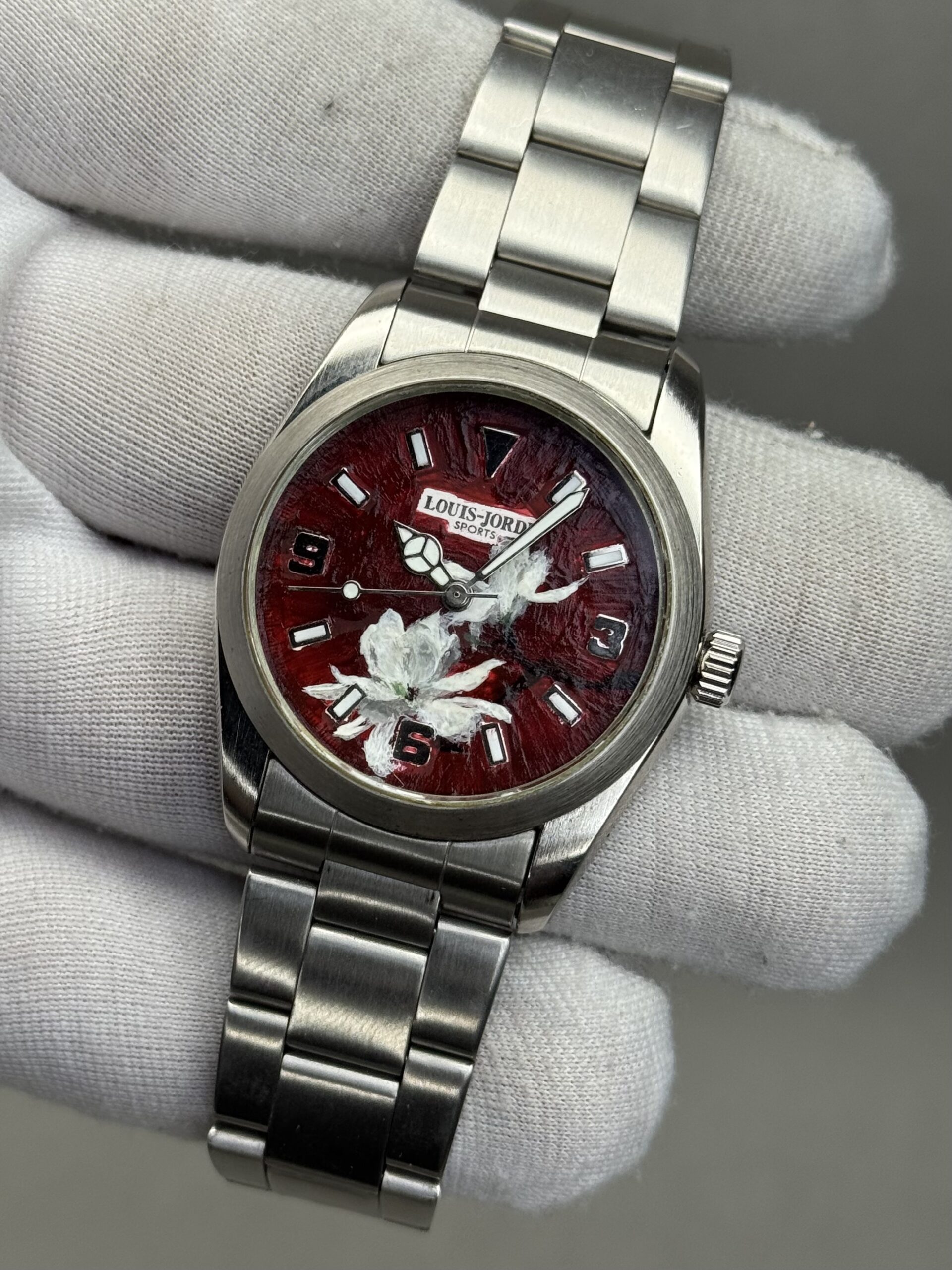 Louis-Jordi LJ-202 36mm – Custom Hand-Painted White Flower Art Dial with Chain Bracelet - Image 4