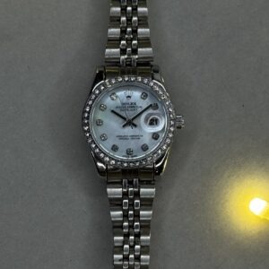 Oyster Perpetual Datejust Style Watch – All Silver | Blue Opal Dial | Diamond Bezel (Ladies)