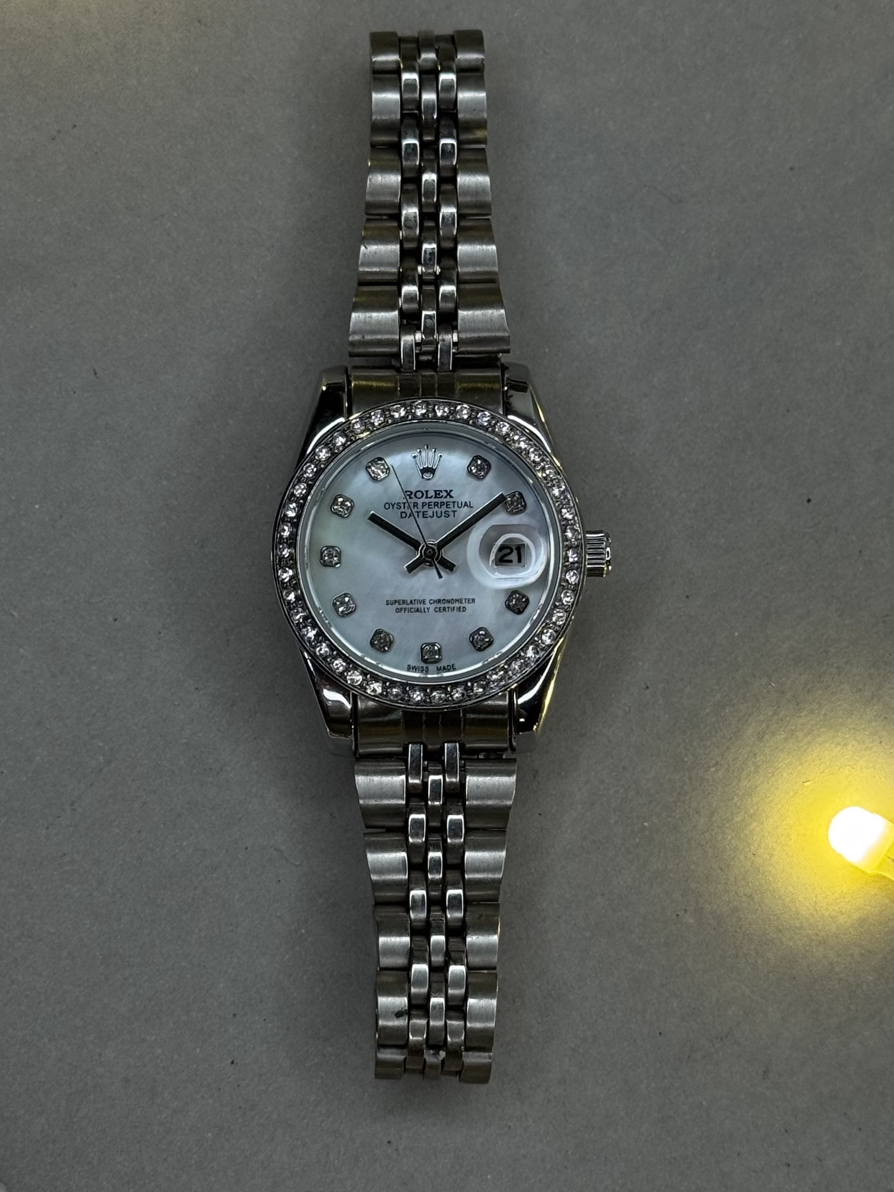 Oyster Perpetual Datejust Style Watch – All Silver | Blue Opal Dial | Diamond Bezel (Ladies)