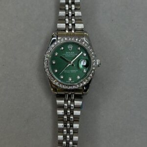 Oyster Perpetual Datejust Style Watch – All Silver | Green Dial | Diamond Bezel (Ladies)