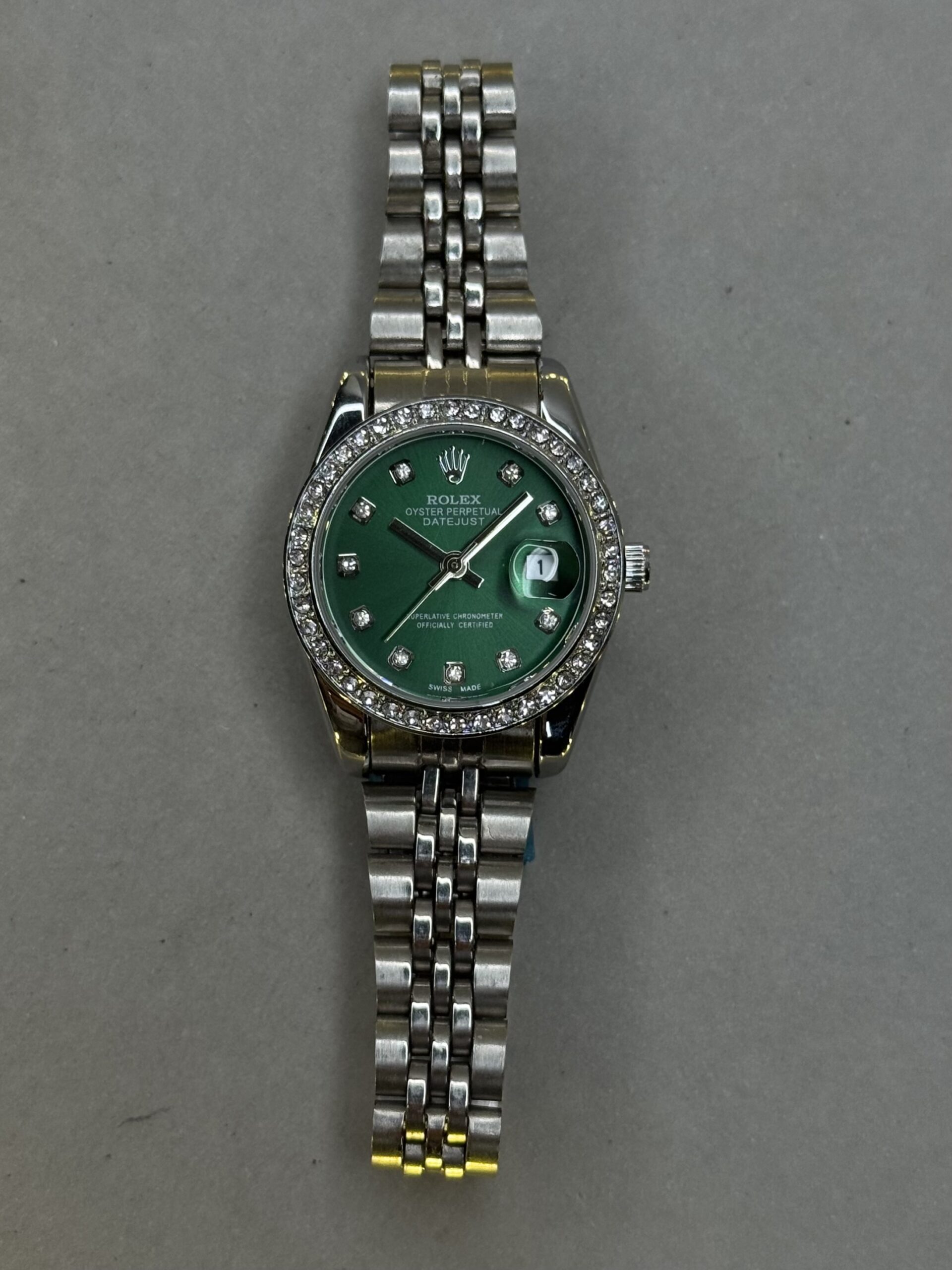 Oyster Perpetual Datejust Style Watch – All Silver | Green Dial | Diamond Bezel (Ladies)