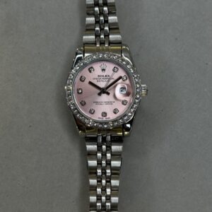 Oyster Perpetual Datejust Style Watch – All Silver | Pink Dial | Diamond Bezel (Ladies)