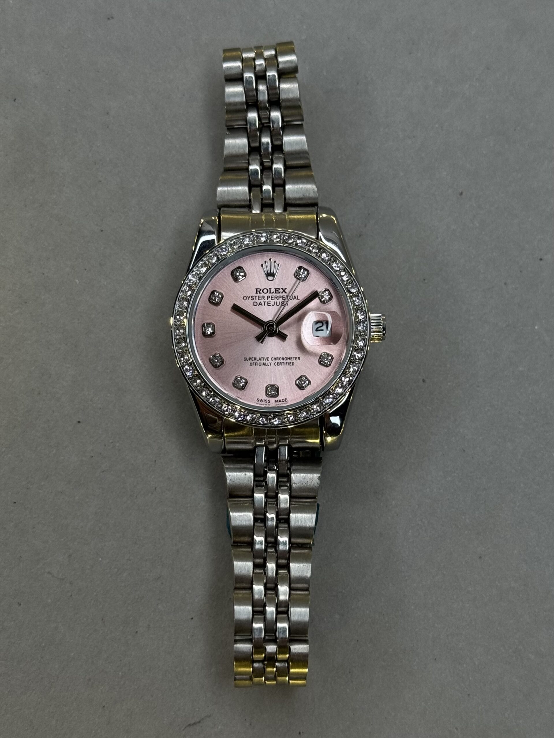 Oyster Perpetual Datejust Style Watch – All Silver | Pink Dial | Diamond Bezel (Ladies)