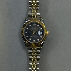 Oyster Perpetual Datejust Style Watch – Dual Tone Silver & Gold | Black Dial | Smooth Bezel (Ladies)