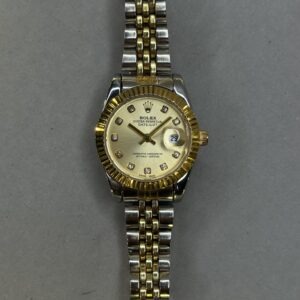 Oyster Perpetual Datejust Style Watch β Dual Tone Silver & Gold | Golden Dial | Smooth Bezel (Ladies)
