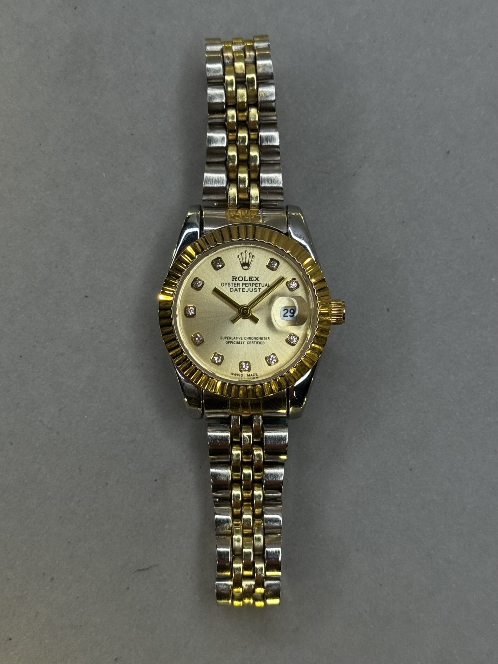 Oyster Perpetual Datejust Style Watch – Dual Tone Silver & Gold | Golden Dial | Smooth Bezel (Ladies)