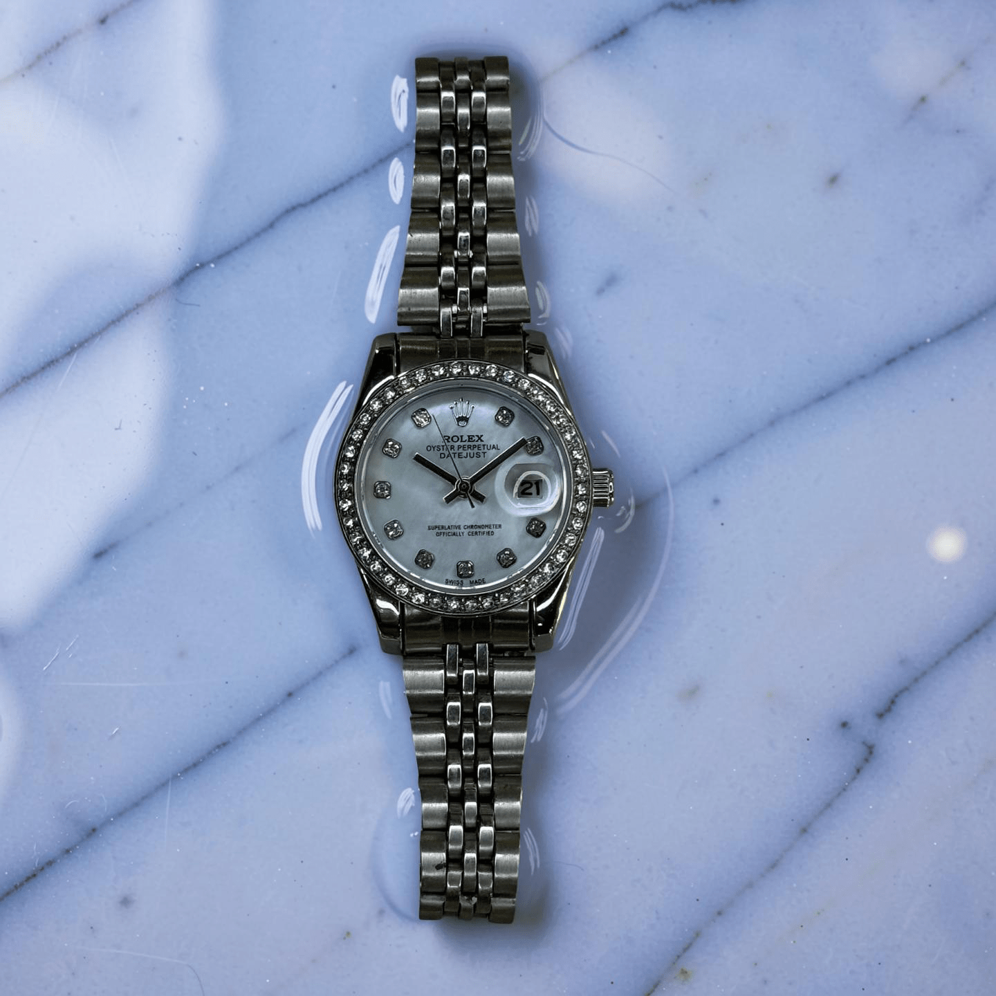 Oyster Perpetual Datejust Style Watch – All Silver | Blue Opal Dial | Diamond Bezel (Ladies) - Image 2