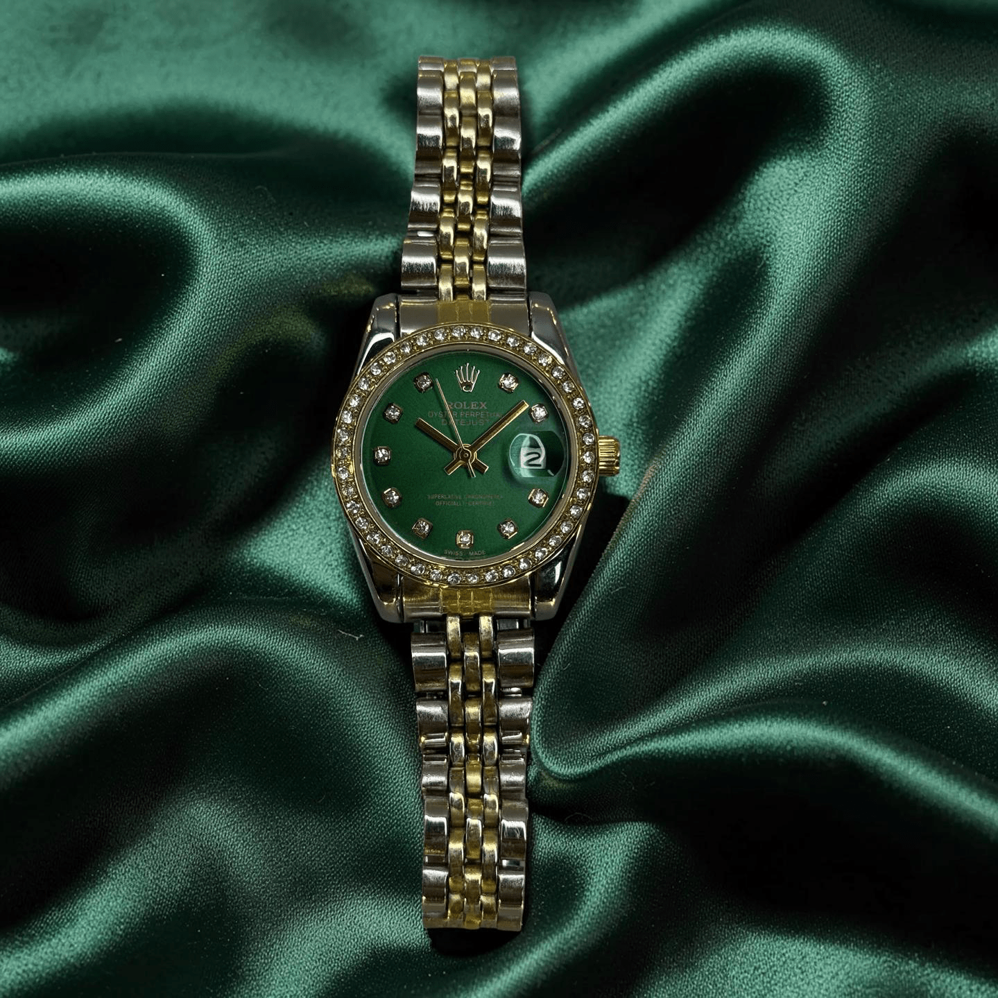 Luxury Datejust Style Watch – Dual Tone Silver & Gold | Green Dial | Diamond Bezel | Ladies Edition - Image 2