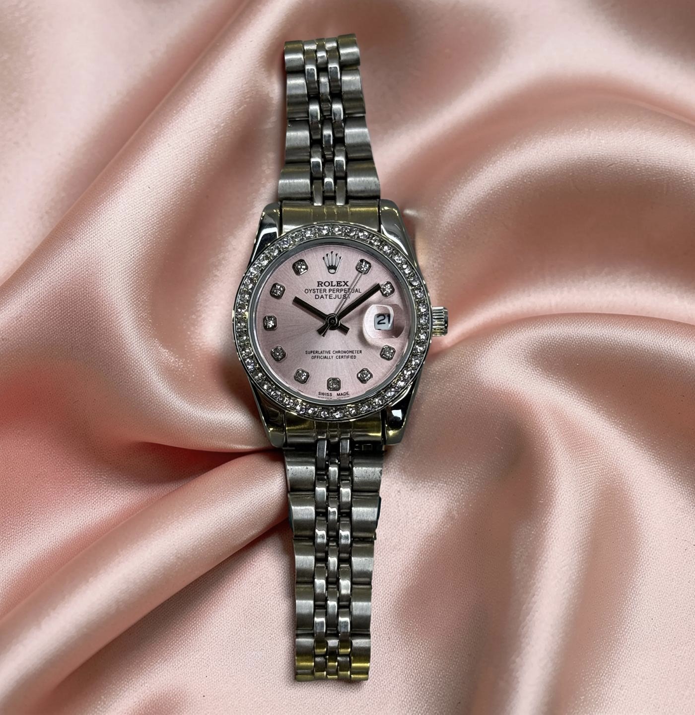 Oyster Perpetual Datejust Style Watch – All Silver | Pink Dial | Diamond Bezel (Ladies) - Image 2