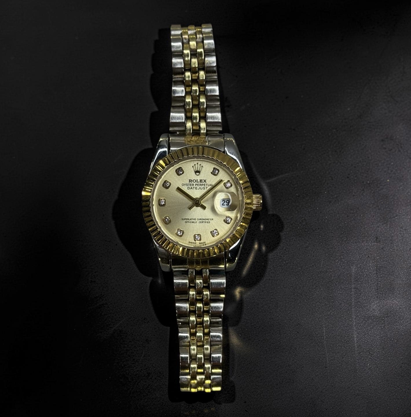 Oyster Perpetual Datejust Style Watch – Dual Tone Silver & Gold | Golden Dial | Smooth Bezel (Ladies) - Image 2